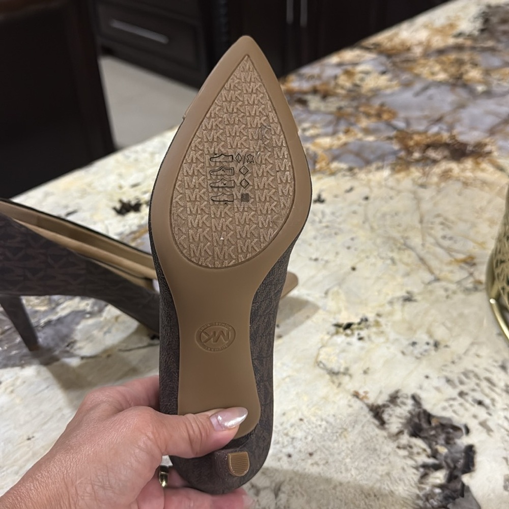 Michael Kors Brown Logo Pointed Toe Pumps with Tan Cap Toe - Picture 2 of 3